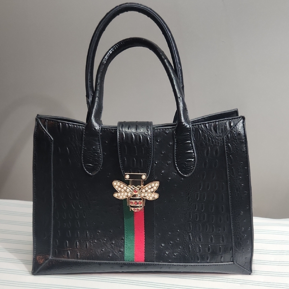 Elegant Queen Bee Black Satchel, Vegan leather